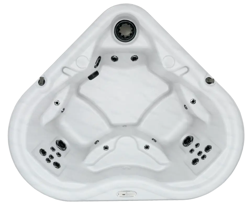 A top-down view of a triangular hot tub designed for a cozy and intimate experience, featuring three ergonomic seating areas. Each seat includes strategically placed jets for hydrotherapy, with a clean, white finish that highlights its modern and minimalistic aesthetic. Perfect for smaller spaces, this hot tub offers comfort and relaxation in a compact design.