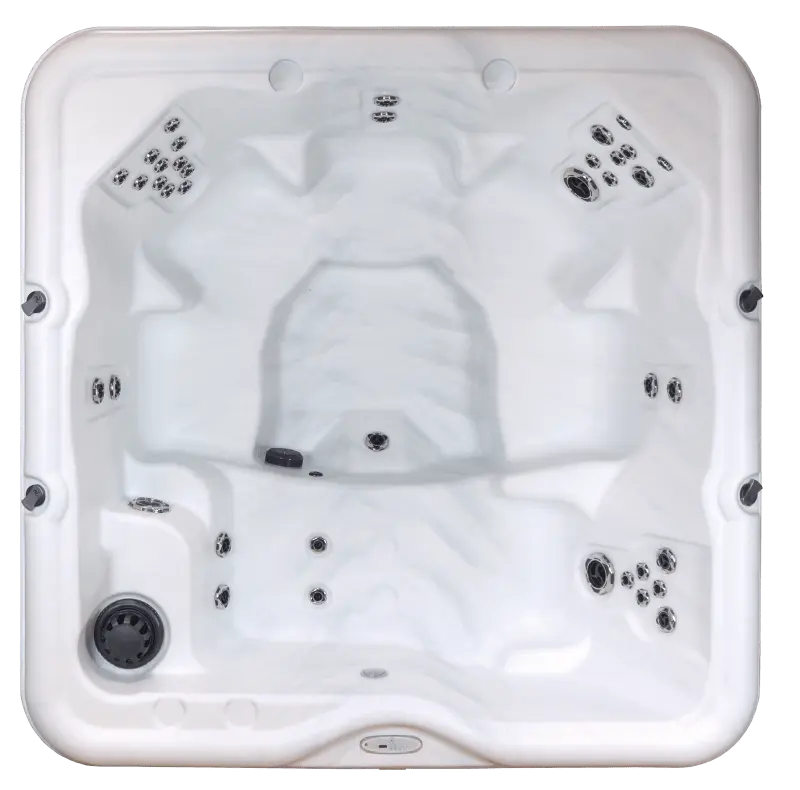 A top-down view of a spacious, square-shaped hot tub featuring multiple ergonomic seats and a variety of hydrotherapy jets. The clean white interior is designed for optimal relaxation, offering seating options with targeted jet placements for a full-body massage experience. This model is perfect for social gatherings or family use, combining luxury and functionality.