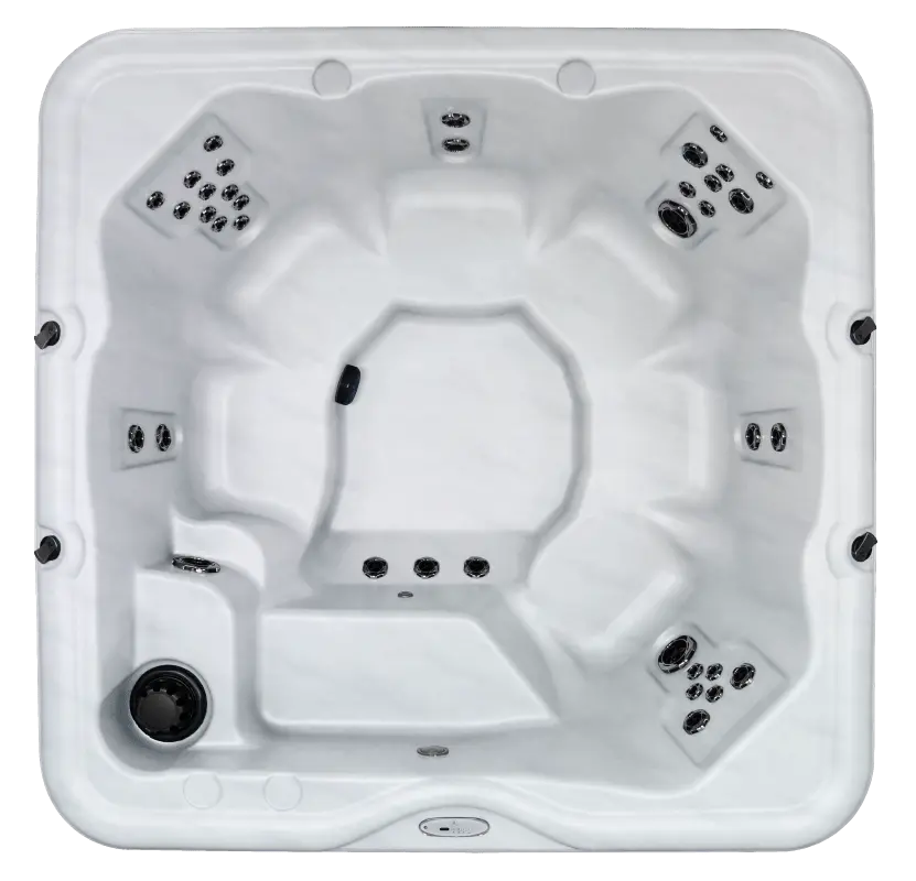 A top-down view of a spacious, square-shaped hot tub featuring multiple ergonomic seats and a variety of hydrotherapy jets. The clean white interior is designed for optimal relaxation, offering seating options with targeted jet placements for a full-body massage experience. This model is perfect for social gatherings or family use, combining luxury and functionality.