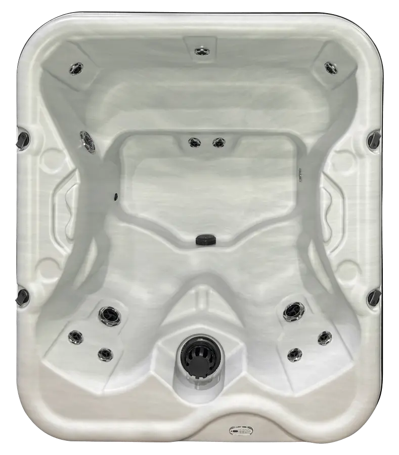 A top-down view of a compact, square-shaped hot tub featuring ergonomic seating and strategically placed hydrotherapy jets. The sleek white interior design includes comfortable contours and a central water filtration system, perfect for relaxation and rejuvenation. This model is ideal for smaller spaces, offering a blend of comfort and functionality.