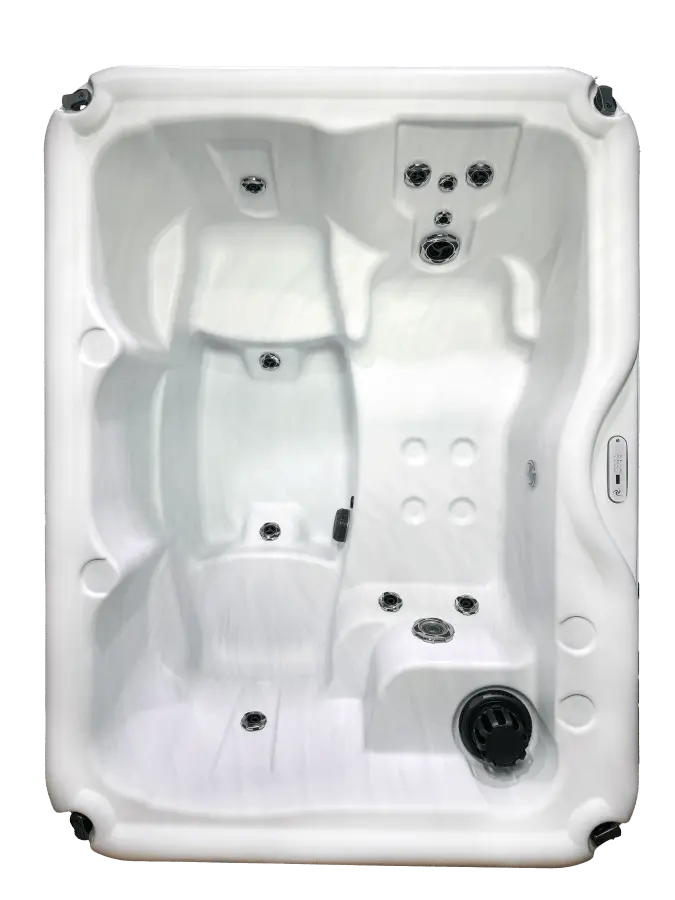 A top-down view of a rectangular hot tub designed with two lounge-style seats and multiple massage jets. The clean white finish complements its ergonomic layout, providing a comfortable and intimate spa experience. This compact model is ideal for smaller spaces, offering relaxation and hydrotherapy benefits in a stylish design.